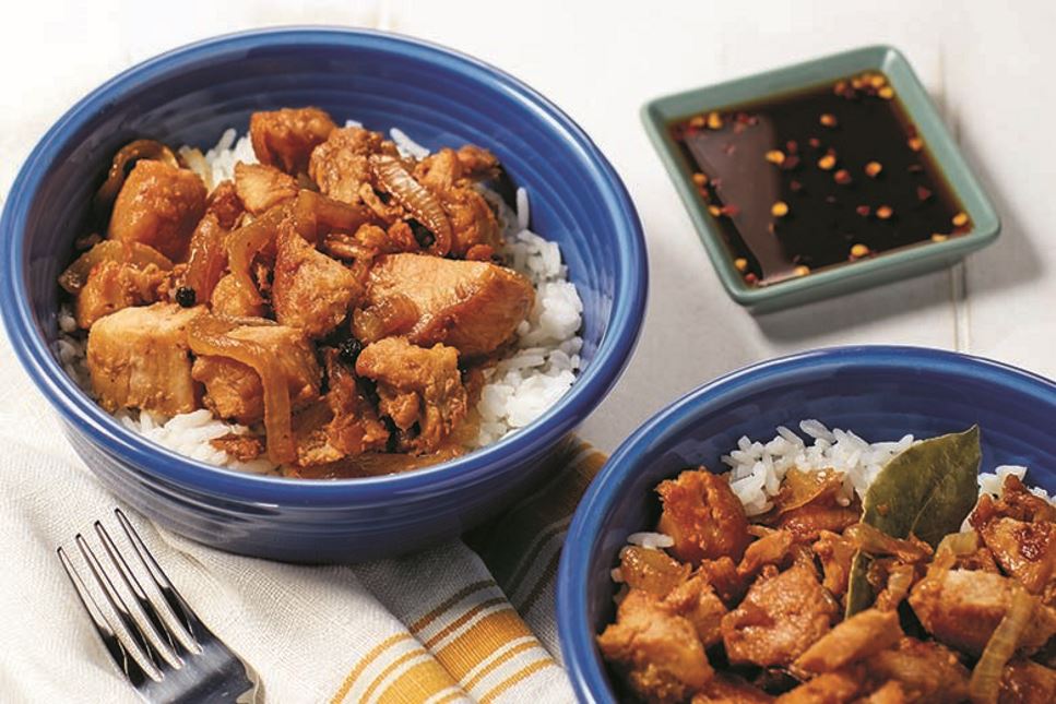 Chicken adobo over rice with dipping sauce